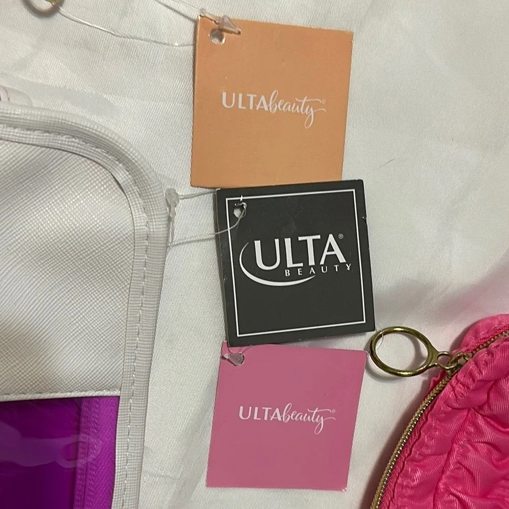 Ulta Beauty 3 Piece Makeup Bag Set White Orange Pink Ruched Cosmetic Pouches New